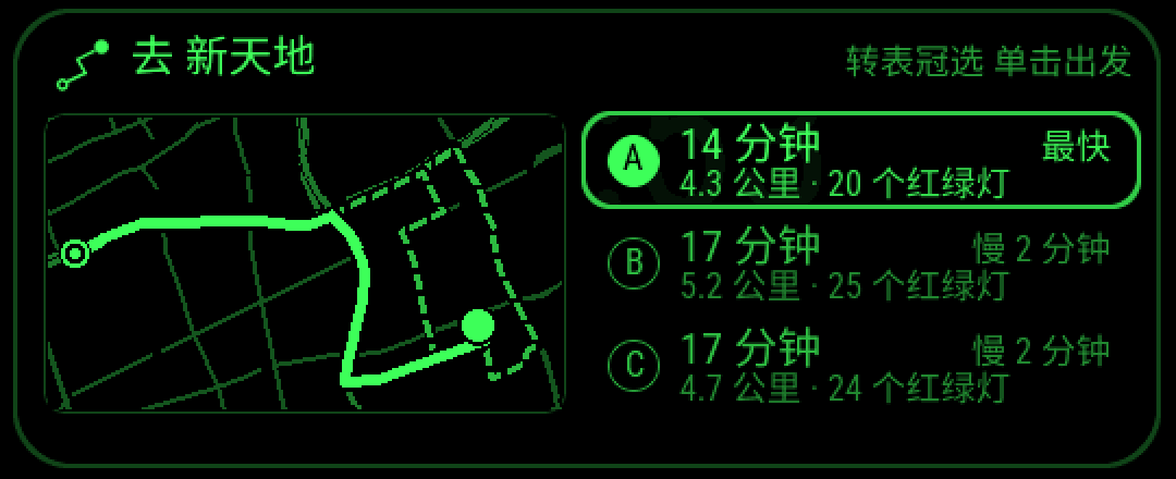 眼镜上的路线卡:去新天地,A 路线 14 分钟