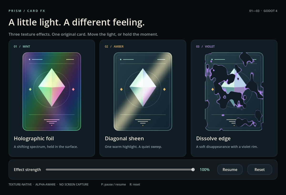 The included demo showing holographic foil, diagonal sheen and violet dissolve edge.