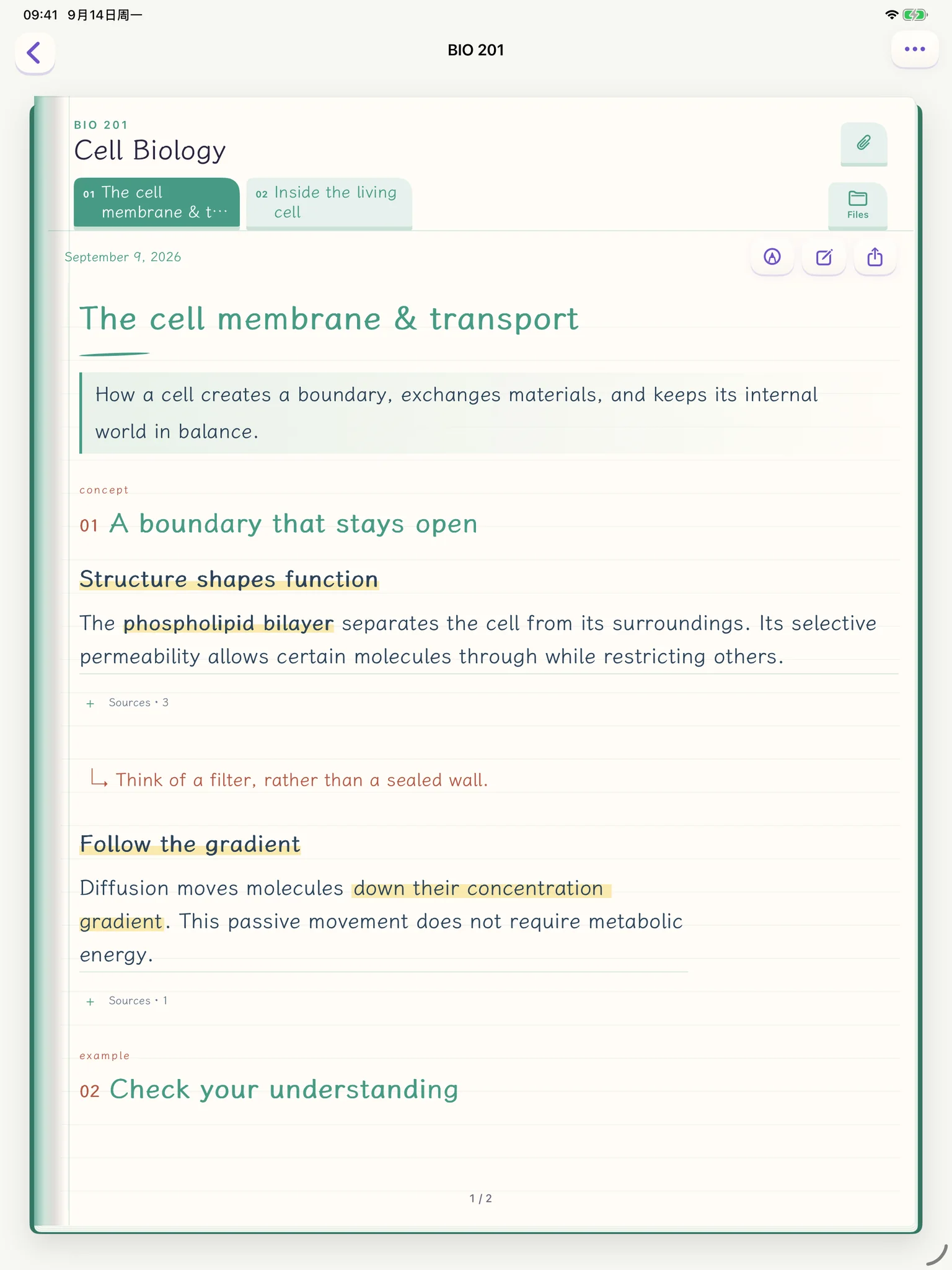 Spare Notes on iPad: a cell biology note with its sources
