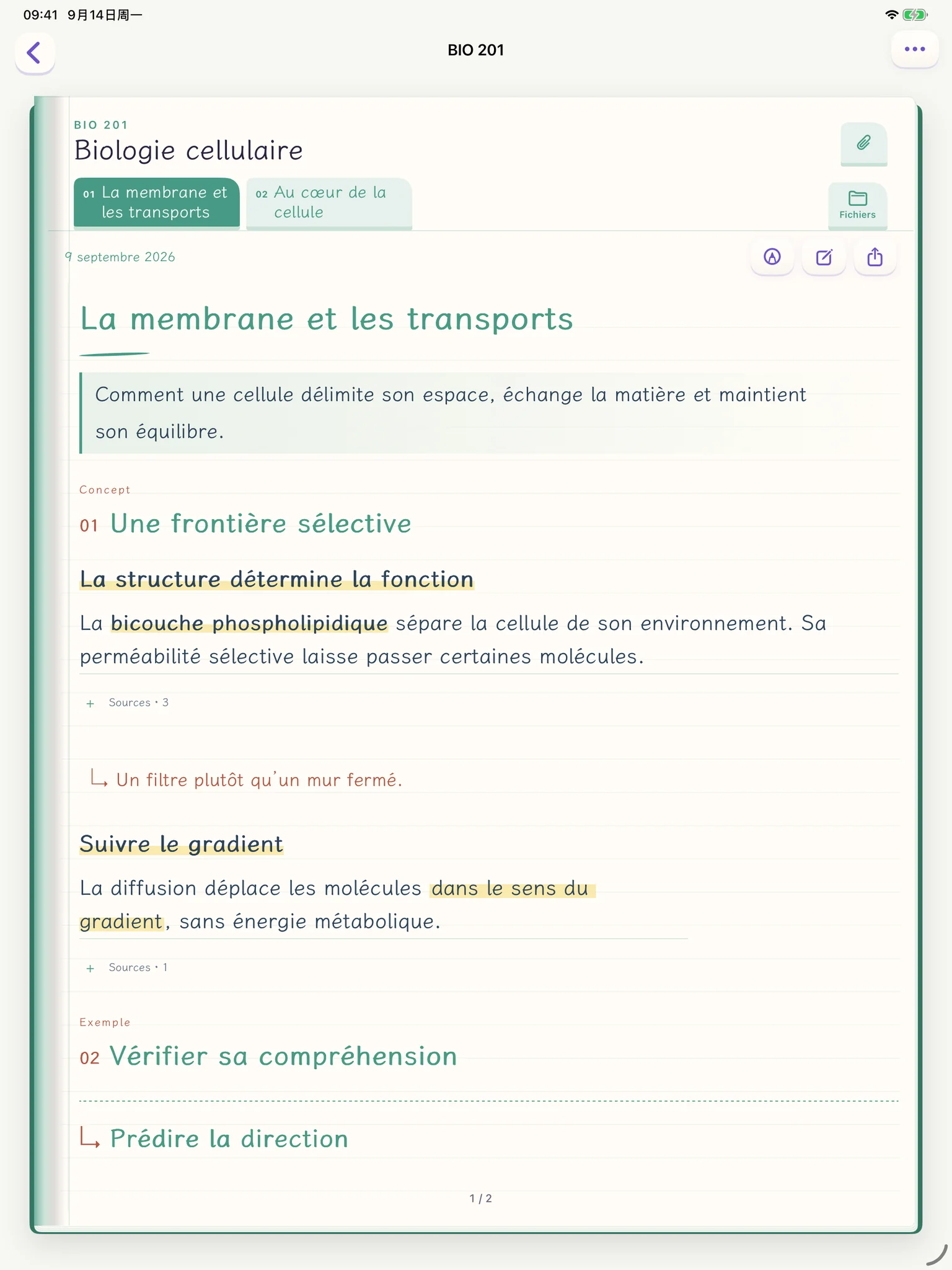 Spare Notes sur iPad : une note de biologie cellulaire avec ses sources