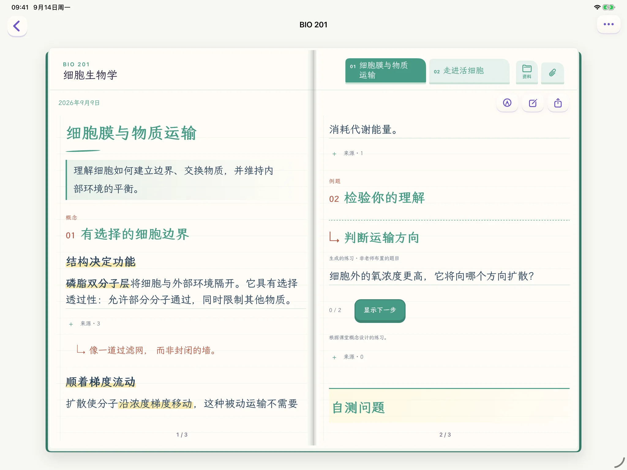 iPad 上的 Spare Notes:左右两页并排的笔记