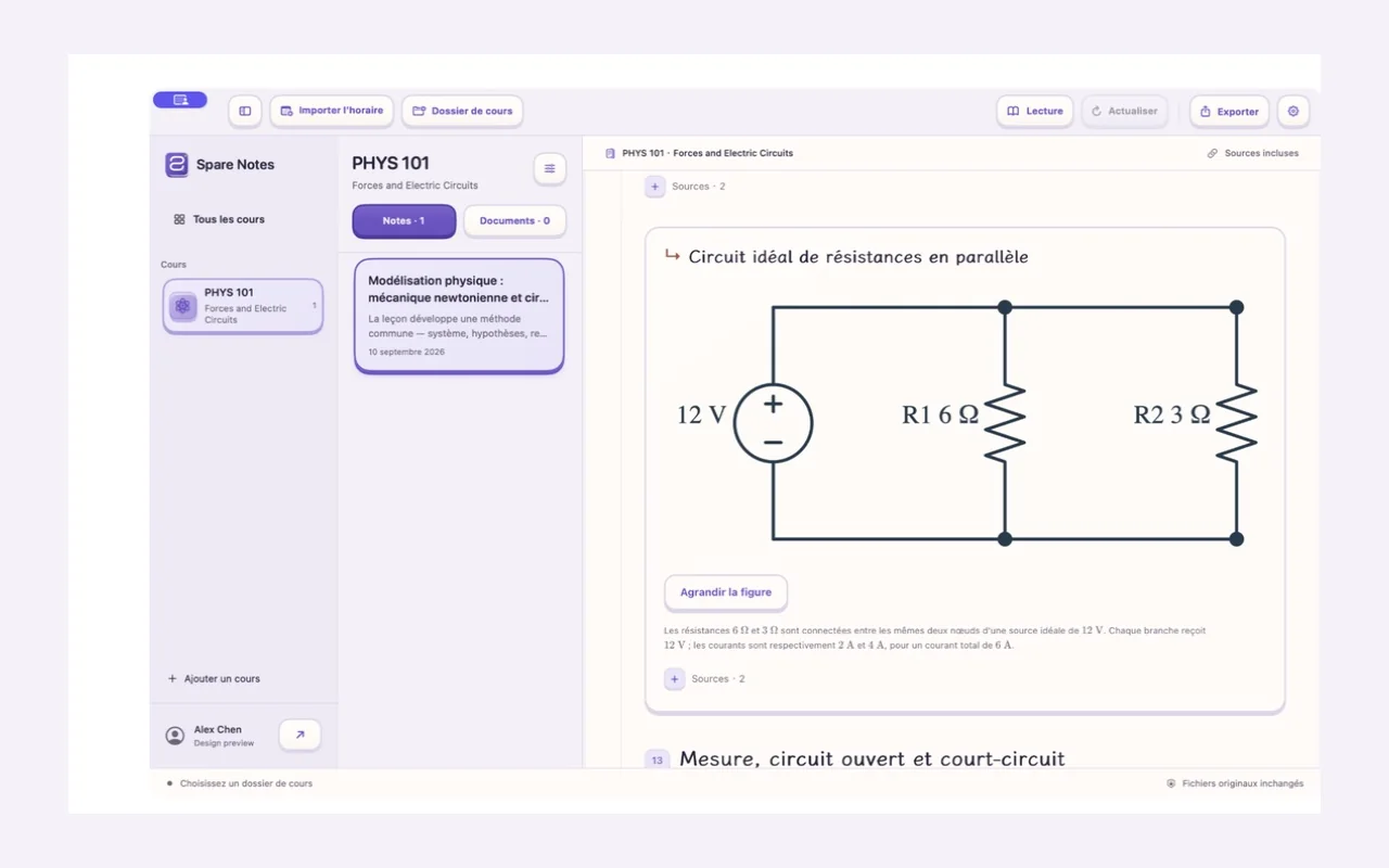 Spare Notes sur Mac : un schéma de circuit dans une note de physique