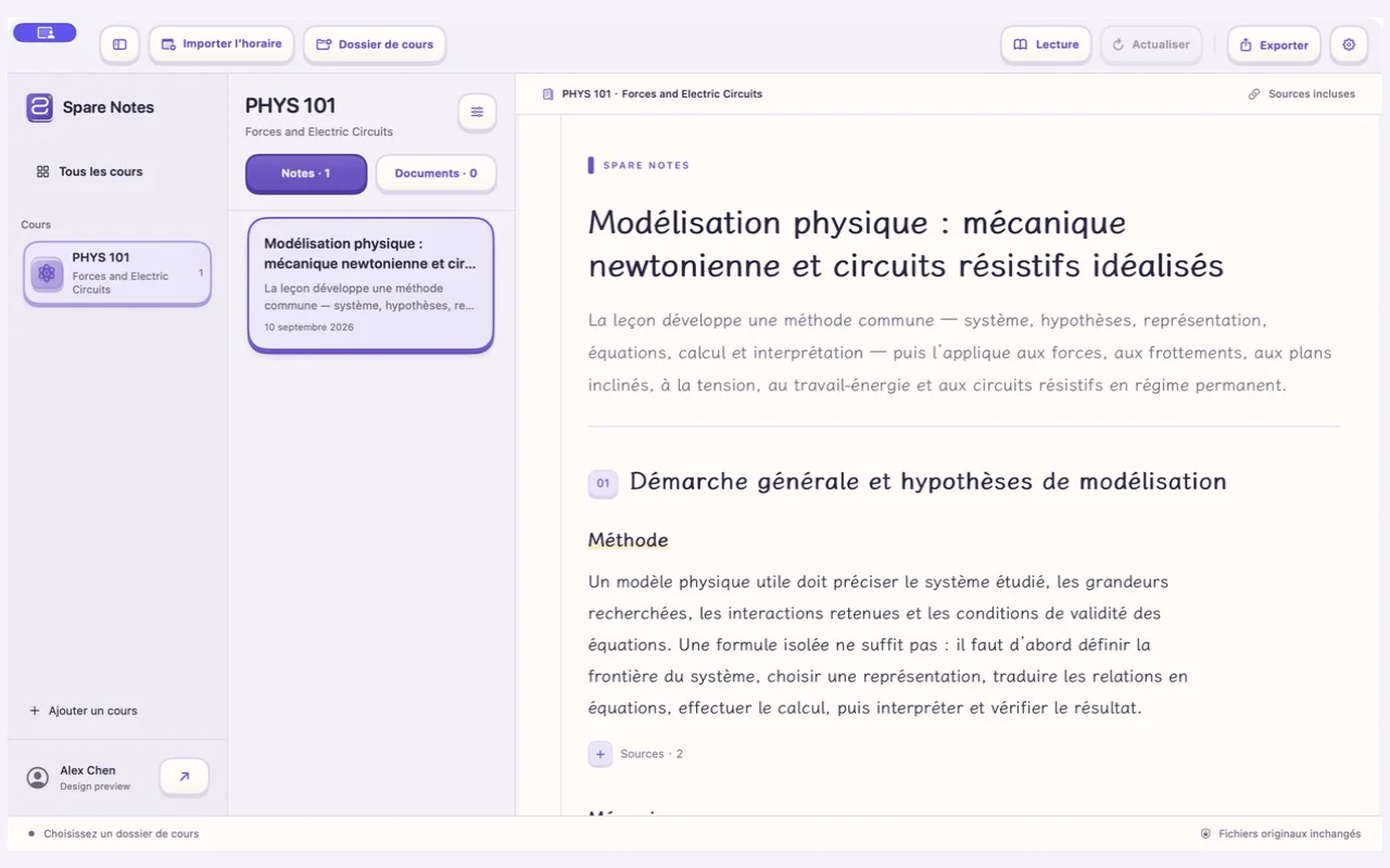 Spare Notes sur Mac : le début d’une note de cours