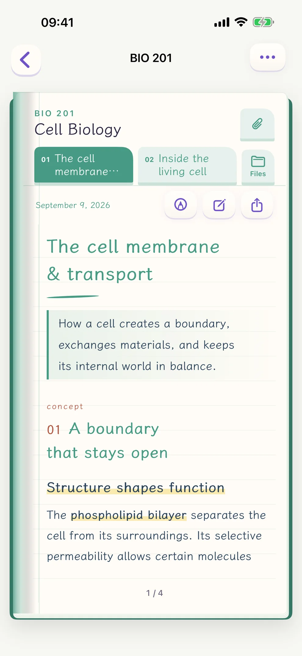 Spare Notes on iPhone: a cell biology note page