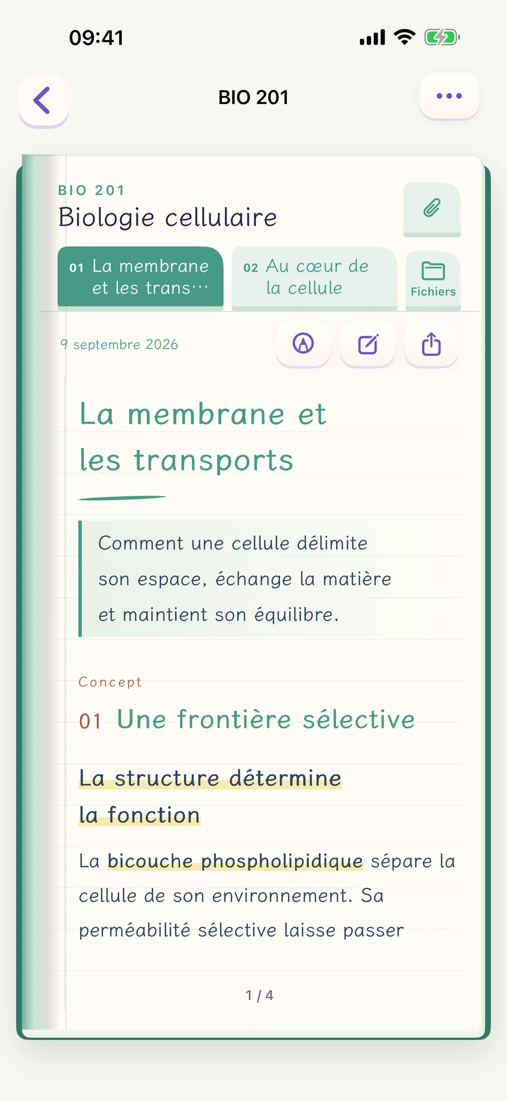 Spare Notes sur iPhone : une page de notes de biologie cellulaire
