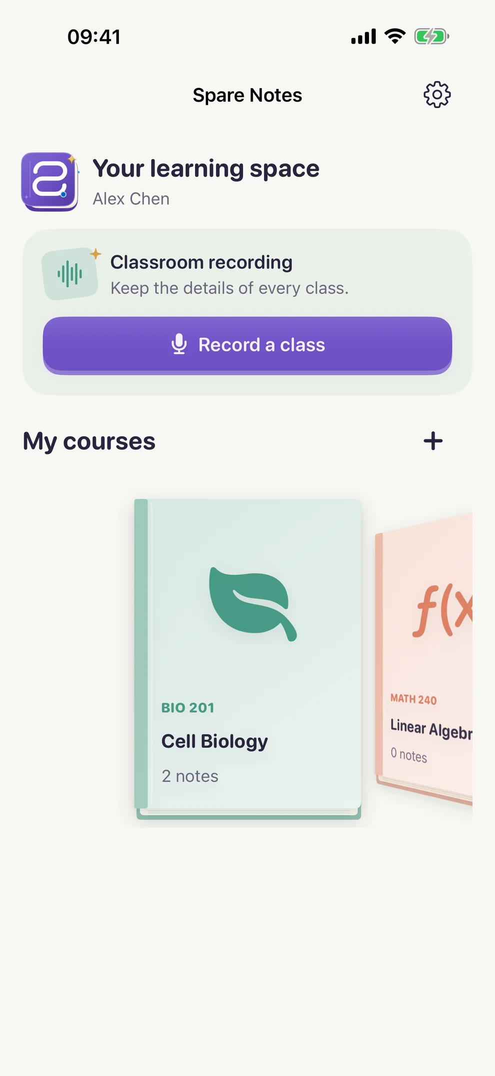 Spare Notes on iPhone: the course bookshelf and the Start class recording button
