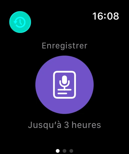 L’écran d’enregistrement de Spare Notes sur Apple Watch